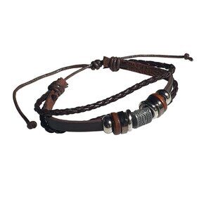 Handmade Brown Leather Braided Men Bracelet Silver Tone Beads Adjustable Rustic